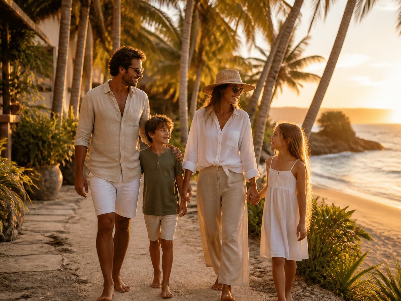 Familia paseando junto al mar al atardecer